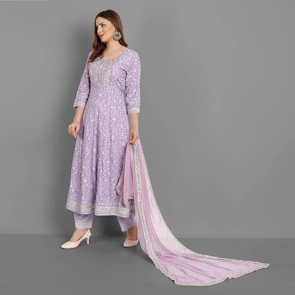 Rangnavi Women Rayon Anarkali Embroidered Printed Kurta Pant and Dupatta Set - Image 2
